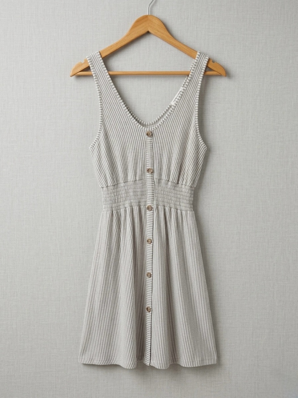 Caution To The Wind Striped Sleeveless Button-Front Mini Dress in Light Gray